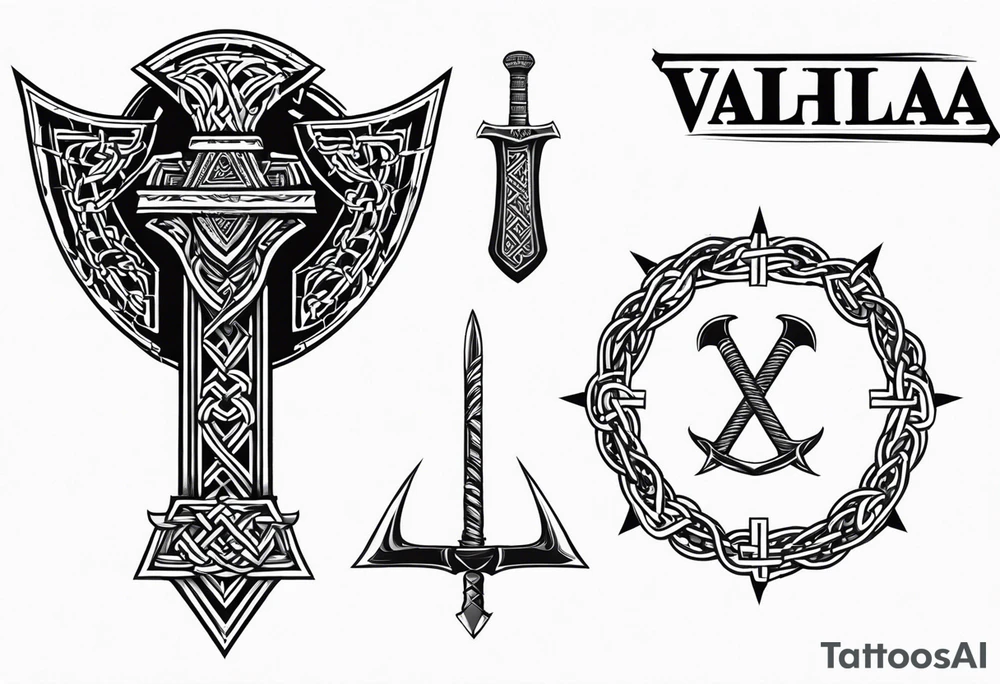 Valhalla sword shield axe barbed wire chains valknut tattoo idea