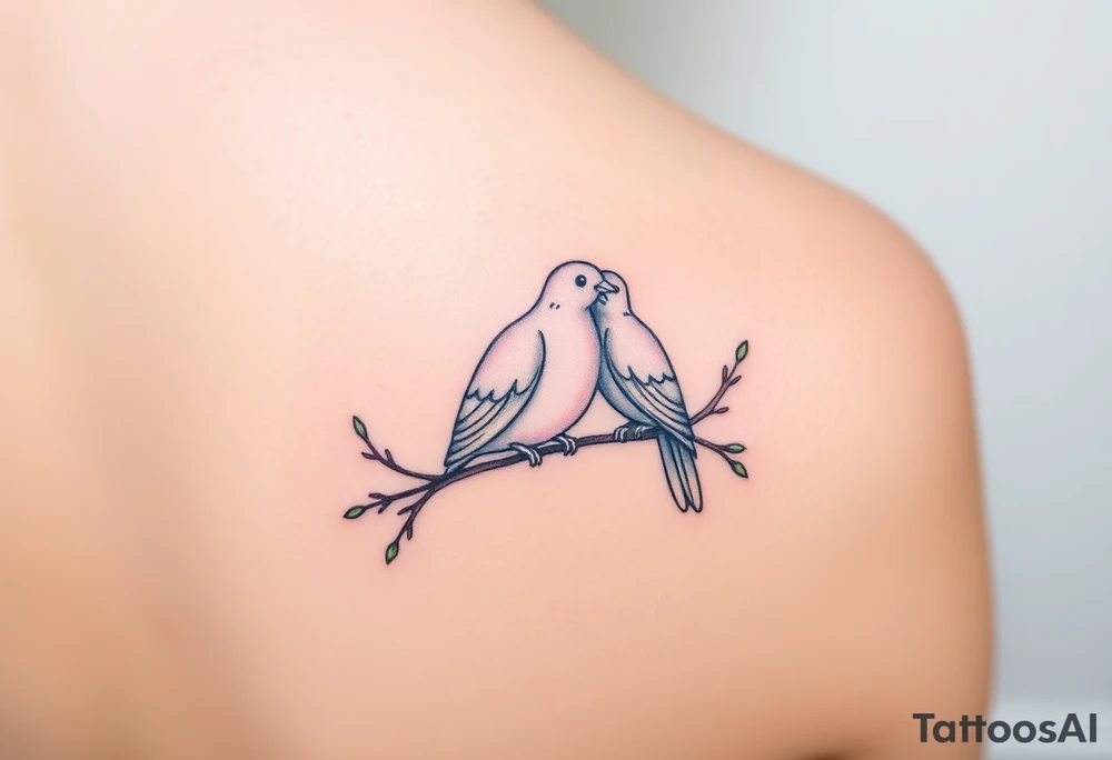 A pair of collared doves perched on intertwined branches, with shades of soft beige, pale blue, and subtle touches of green tattoo idea