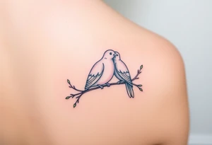 A pair of collared doves perched on intertwined branches, with shades of soft beige, pale blue, and subtle touches of green tattoo idea