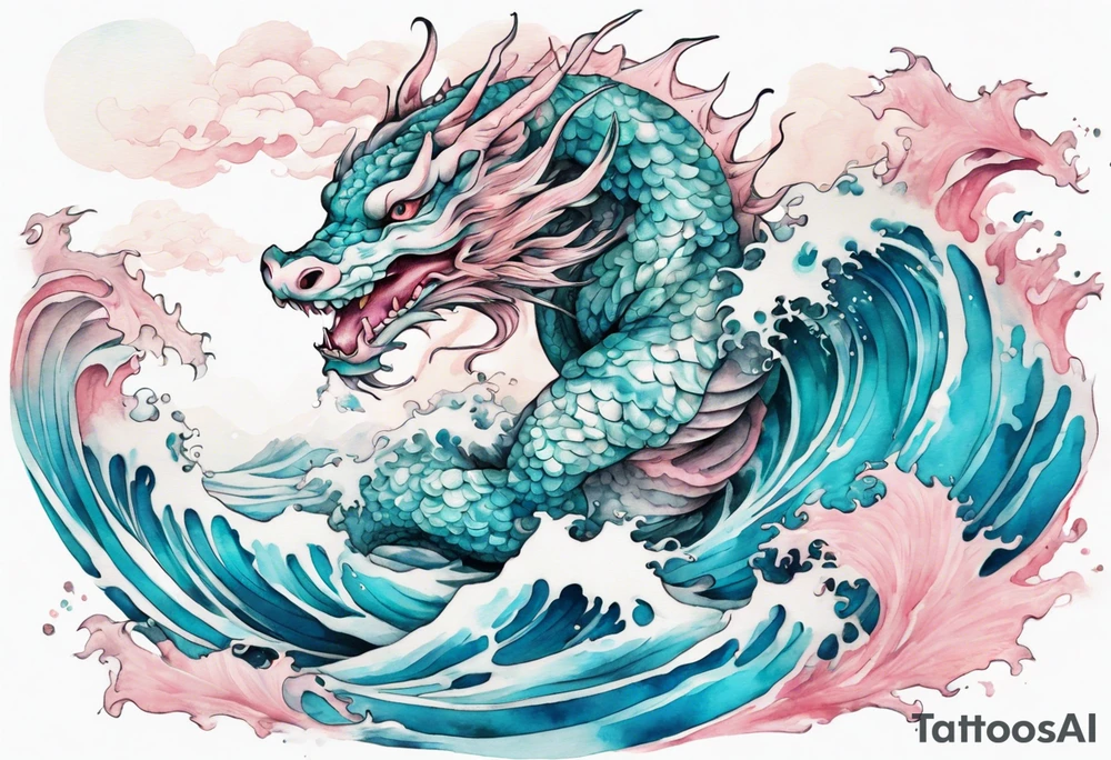 a beautiful turquoise pink and white Fafnir rising from the blue waves of the ocean tattoo idea