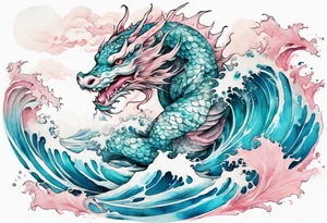 a beautiful turquoise pink and white Fafnir rising from the blue waves of the ocean tattoo idea