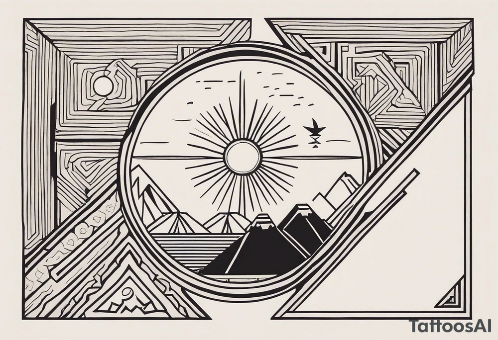 Create a minimalistic tattoo design incorporating a vertical line symbolizing a path. At the top is a spruce tree, the middle part is replaced with an outline of Machu Picchu, and at the bottom is an image of a sun with rays, stylized in Aztec art. Below the sun, add a small llama. All elements are done in black outline with no fill, creating a clean and symbolic image. tattoo idea