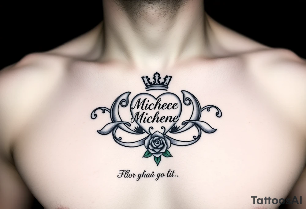 Claddagh placed on a man’s chest. Name Michelle placed between the heart and the crown. Irish rose and Celtic knot incorporated into the design. Flour de lit. Mo ghrá go deo written at the very bottom. tattoo idea