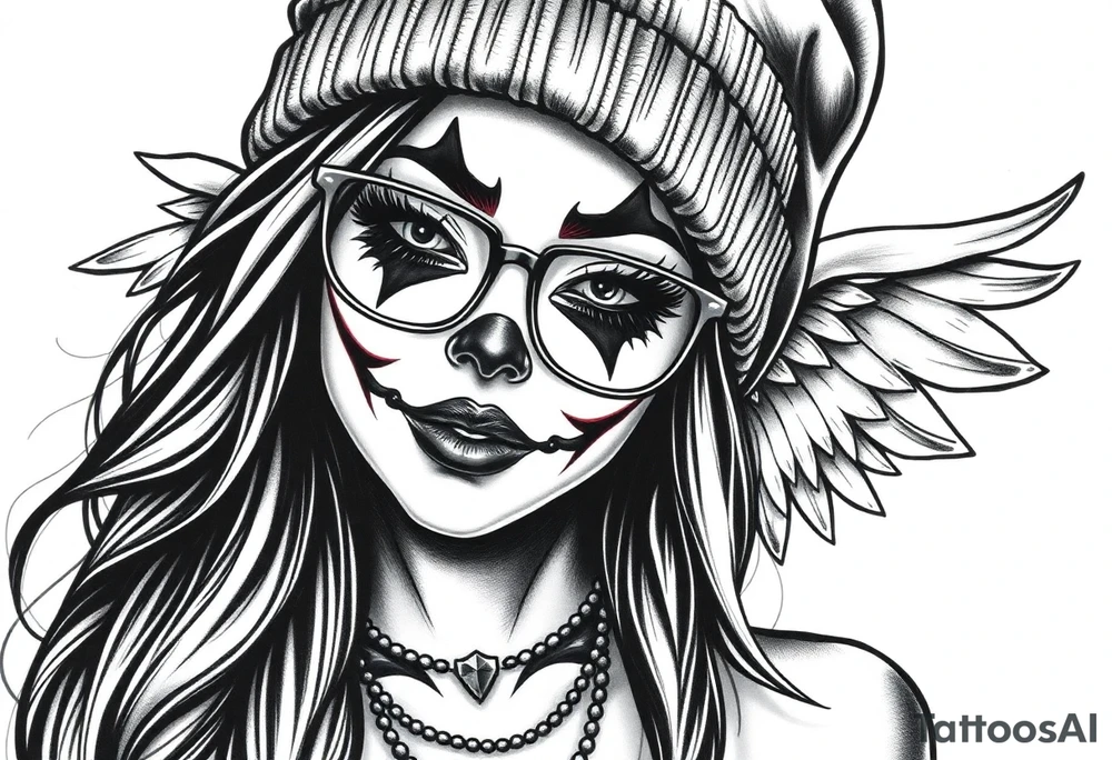 Chicana beautiful long hair clown makeup angel wings thug beanie eyeglasses tattoo idea