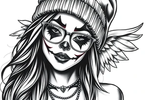 Chicana beautiful long hair clown makeup angel wings thug beanie eyeglasses tattoo idea
