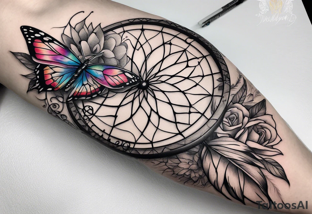 arm sleeve with dreamcatcher, rainbow flowers and one butterfly tattoo idea