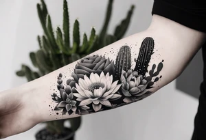 Forearm sleeve with cactus, daisies, and greenery tattoo idea