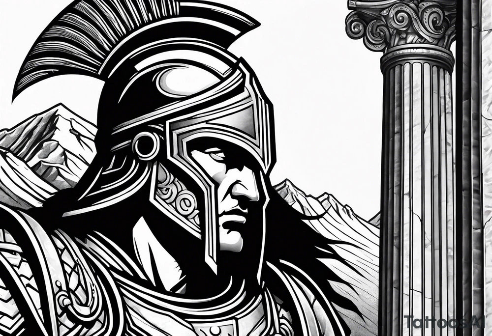 Close up of spartan solider looking left at distant Ancient pillars tattoo idea