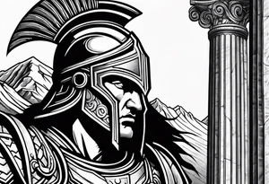 Close up of spartan solider looking left at distant Ancient pillars tattoo idea