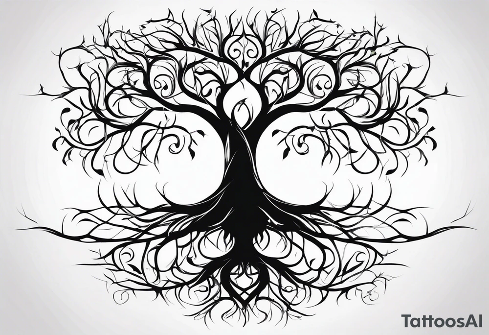 twisted leafless tree with long roots and branches stencil for chest and collar bone. symmetrical tattoo idea