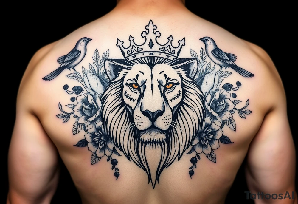 powerful majestic lion with a crown, surrounded by floral ornaments and birds tattoo idea