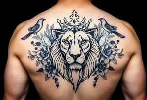 powerful majestic lion with a crown, surrounded by floral ornaments and birds tattoo idea