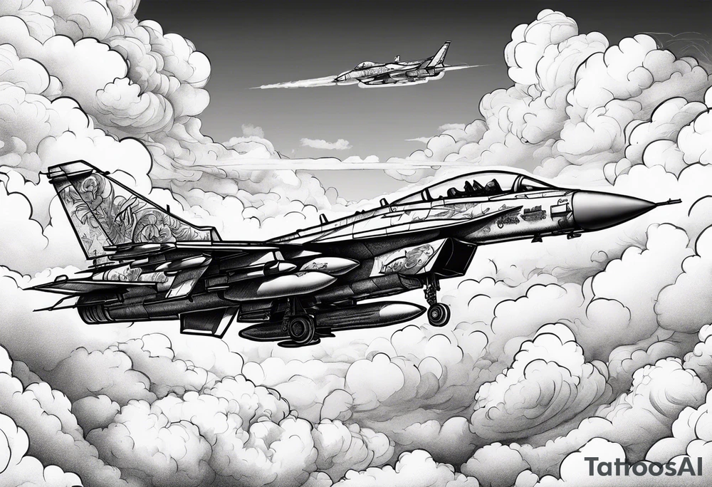 Fighter jet in the clouds with lighting and guns tattoo idea