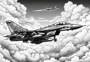 Fighter jet in the clouds with lighting and guns tattoo idea