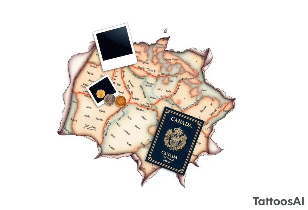 Navigator map with torn/burnt edges, with polaroids, coins, open Canadian passport, and show tickets tattoo idea