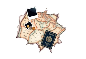 Navigator map with torn/burnt edges, with polaroids, coins, open Canadian passport, and show tickets tattoo idea
