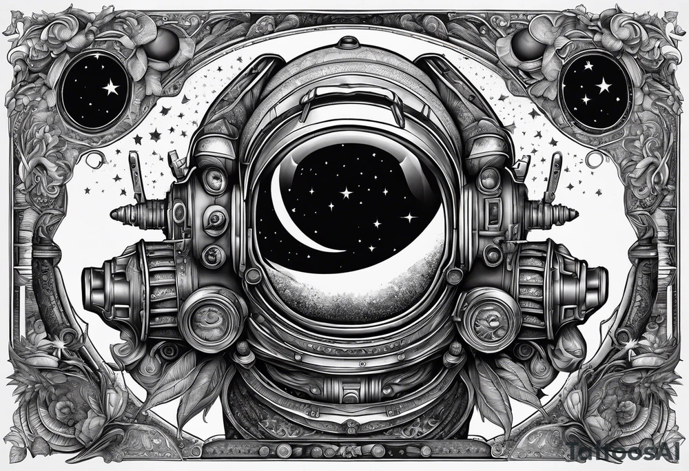 Craft an intricate black and white tattoo design inspired by the themes and imagery from Ray Bradbury's "Cosmonaut" and the poignant lyrics of Elton John's "Rocket Man." tattoo idea
