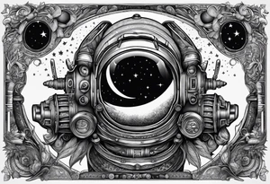 Craft an intricate black and white tattoo design inspired by the themes and imagery from Ray Bradbury's "Cosmonaut" and the poignant lyrics of Elton John's "Rocket Man." tattoo idea