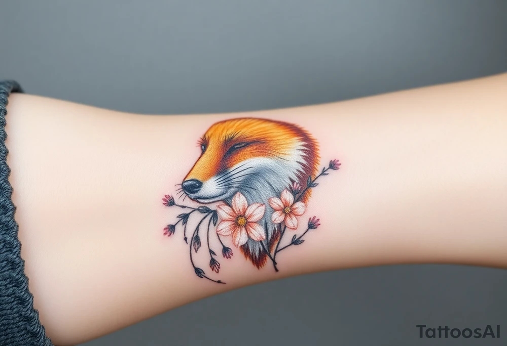adult fox with jewelry smelling wild flowers tattoo idea