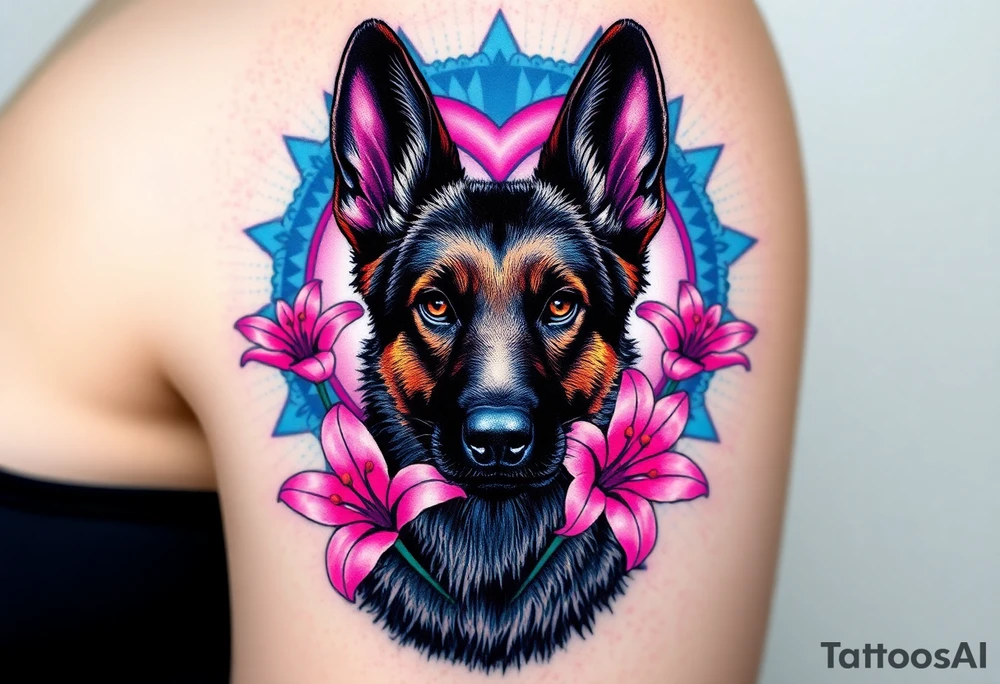 realistic german shepherd with alert ears looking protective with pink lilies in front of a sacred heart tattoo idea