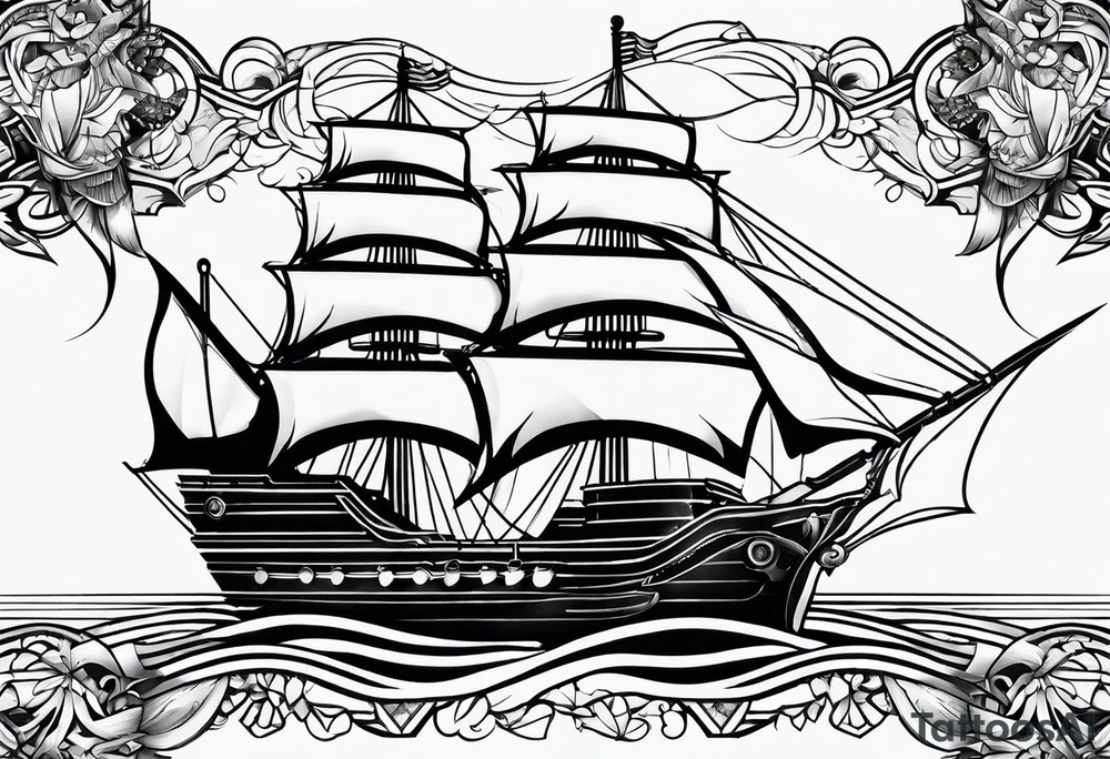 Ship with a Phoenix in the background. Geometric design layered through the design tattoo idea