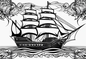 Ship with a Phoenix in the background. Geometric design layered through the design tattoo idea