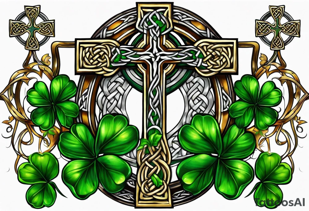 Celtic cross shamrocks in center one feather hanging from each side of cross tattoo idea