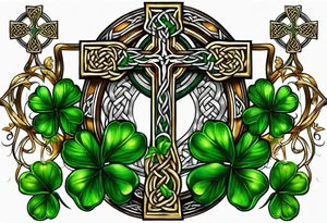 Celtic cross shamrocks in center one feather hanging from each side of cross tattoo idea