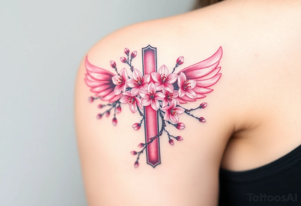 A cross with cherry blossoms growing along its frame, with delicate pink and white feathery wings tattoo idea