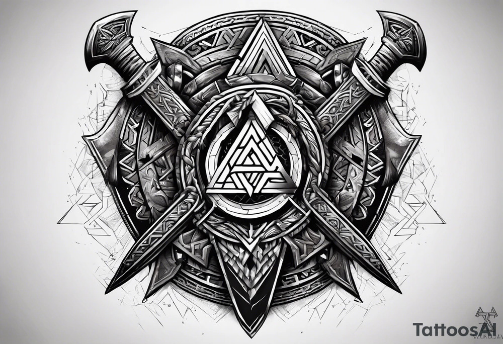 Valhalla sword shield axe Valknut chains tattoo idea