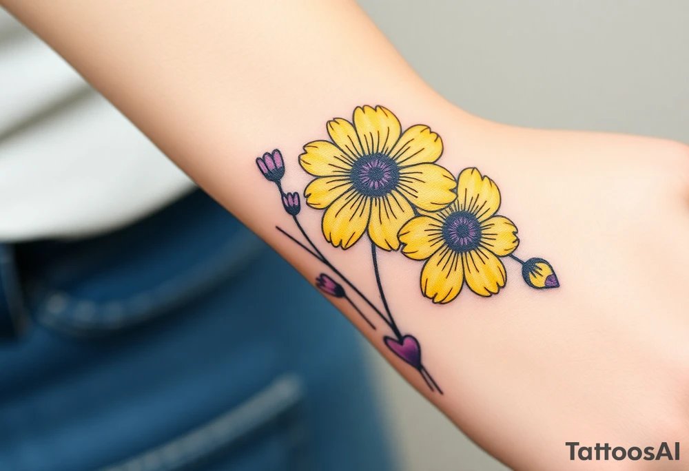 Yellow daisy & Purple Hearts tattoo idea