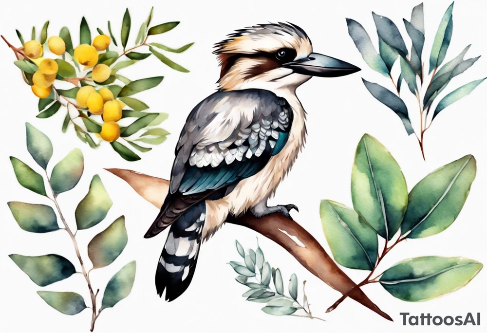 Small kookaburra sitting on eucalyptus leaves and wattle leaves tattoo idea