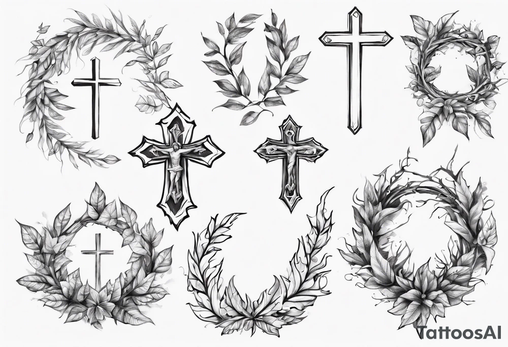 wreath leaves and the cross at the end of the leaves connecting tattoo idea