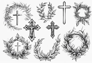 wreath leaves and the cross at the end of the leaves connecting tattoo idea