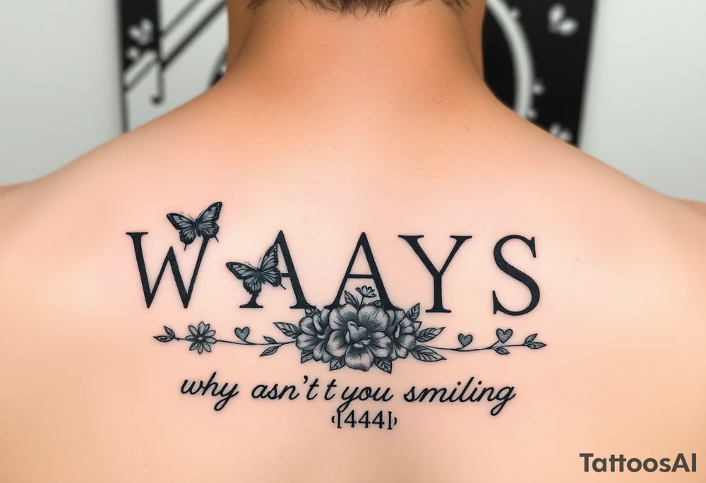 W.A.Y.S spelled out with why aren’t you smiling under neath it with flowers, butterflies and hearts with 444 tattoo idea
