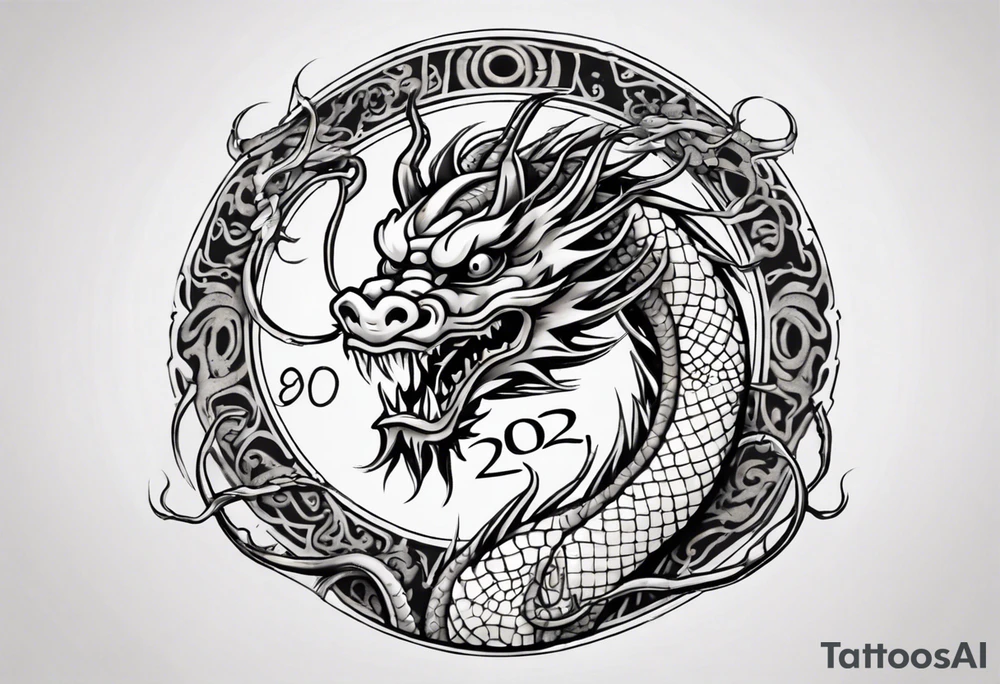Chinese dragon in a circular shape with "02.03" written on its skin tattoo idea
