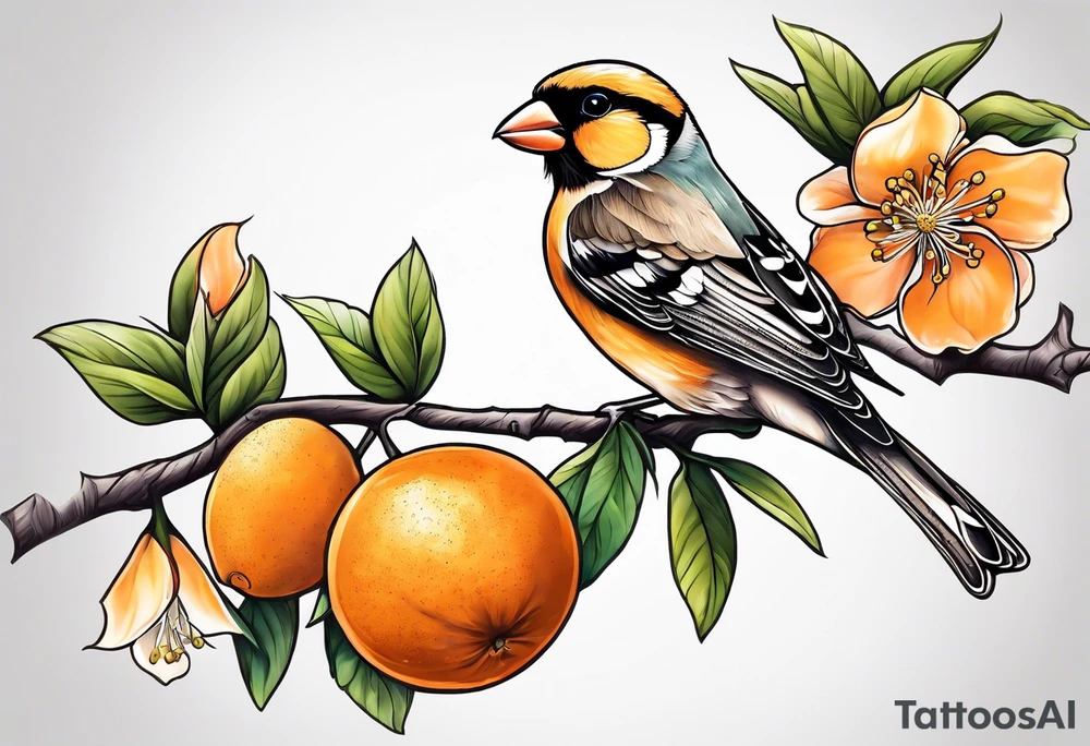finch leaving on an orange blossom branch with its wings up tattoo idea
