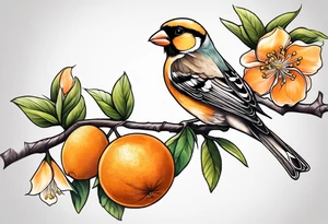 finch leaving on an orange blossom branch with its wings up tattoo idea