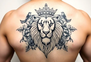 powerful majestic lion with a crown, surrounded by floral ornaments and birds tattoo idea