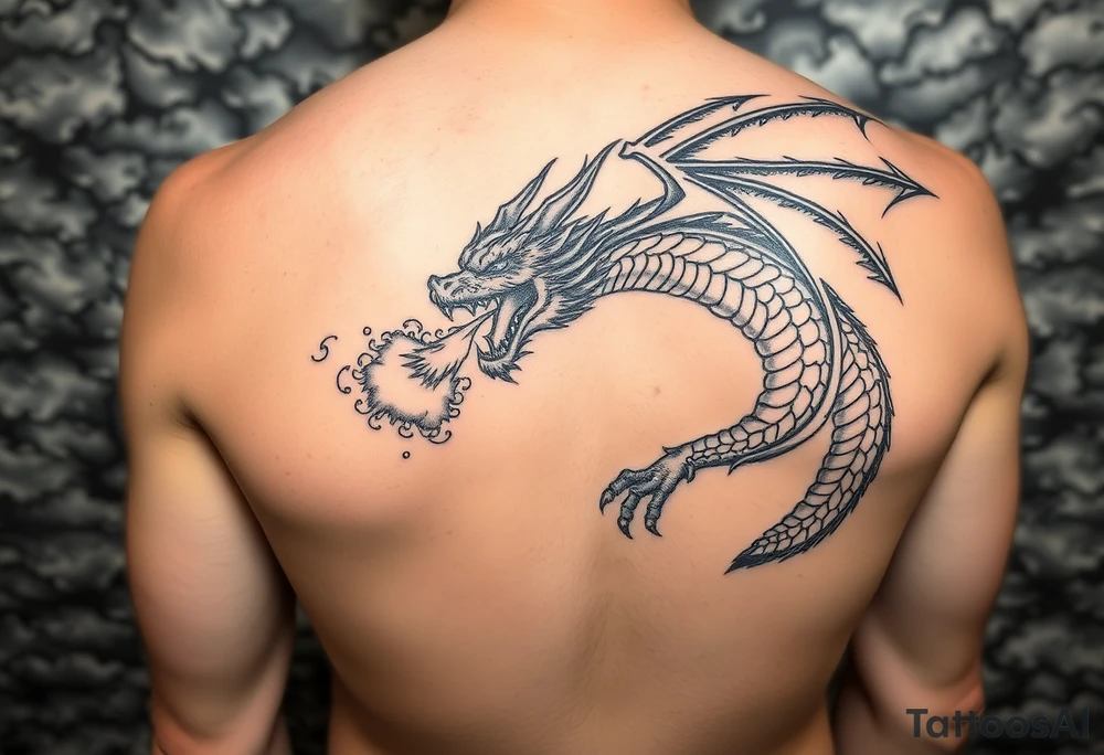 fierce dragon breathing iridescent fire against stormy skies tattoo idea