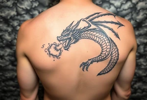 fierce dragon breathing iridescent fire against stormy skies tattoo idea