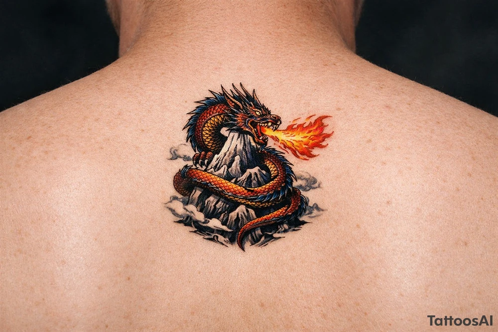 A fierce dragon coiled around a mountain peak, scales detailed, fire breath erupting. tattoo idea