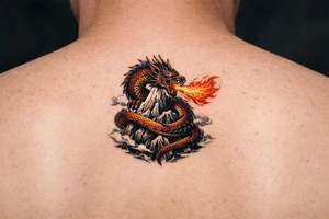 A fierce dragon coiled around a mountain peak, scales detailed, fire breath erupting. tattoo idea