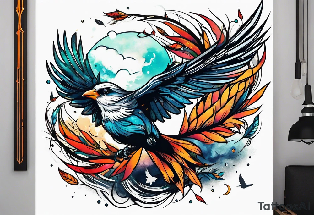 leave's tree flying away bird tattoo idea
