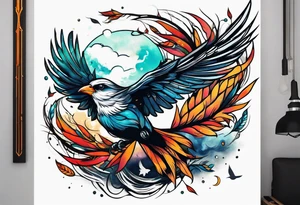 leave's tree flying away bird tattoo idea