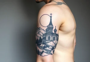 russian orthodox christian left arm tattoo with st basils cathederal in a mountainous setting with sun with a russian coat of arms tattoo idea