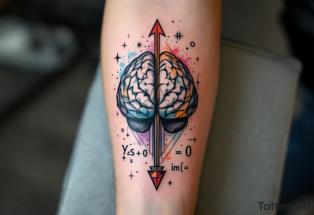 A front-seen brain in geometric and straight lines, math symbols arround. A detailed arrow crosses from below and exit from the top, with its tip desintegrating to represent entropy and watercolor stains. Around of the main tattoo, math and physics formulas fill the space, including the formula "ΔS ≥ 0" and the formula "(iδ + m) Φ = 0" tattoo idea