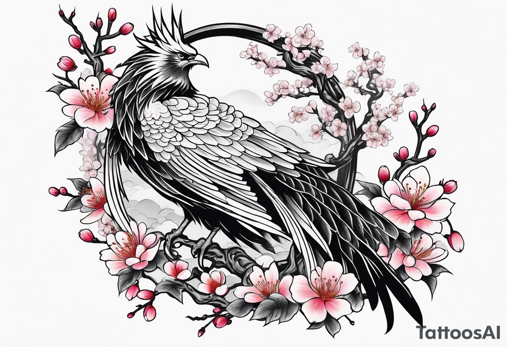 traditional Japanese phoenix and cherry blossoms no background tattoo idea