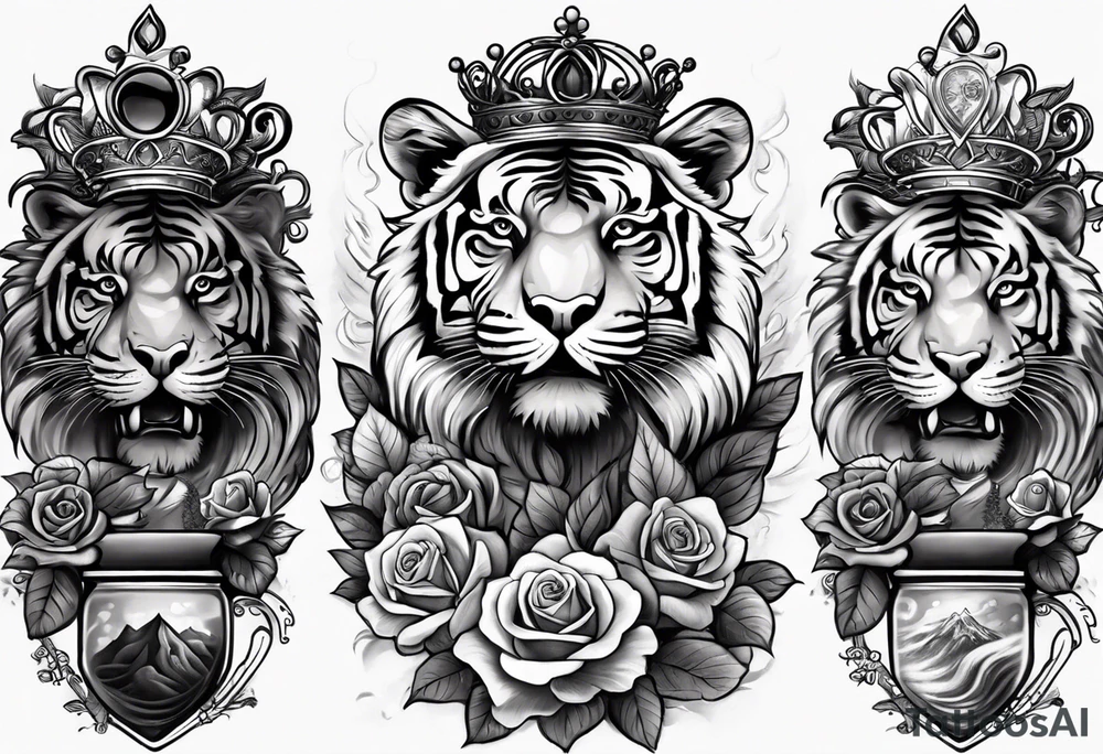 A full sleeve tiger with a crown and third eye with a hour glass instead the hour glass brain cover in in clouds and a heart cover in grass and roots with roses and smoke all over the arm tattoo idea