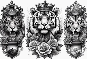 A full sleeve tiger with a crown and third eye with a hour glass instead the hour glass brain cover in in clouds and a heart cover in grass and roots with roses and smoke all over the arm tattoo idea